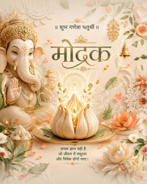Lord Ganesha next to a golden glowing Modak for Ganesh Chaturthi festival