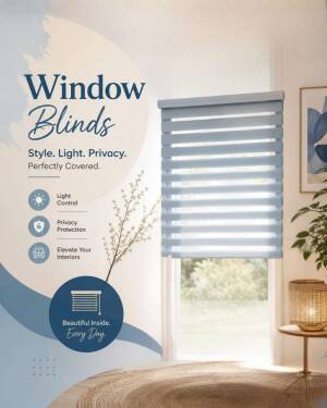 A stylish advertisement for modern window blinds showcasing light control and privacy features in a cozy home setting.