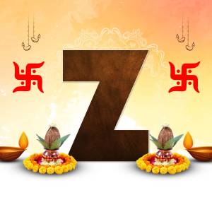 Letter Z with Diwali decorations including Swastika, Diya and Kalash