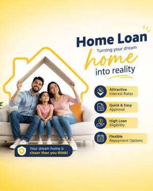 A happy family sitting on a sofa under a graphic house outline, promoting home loan services with text details.