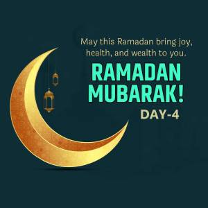 Golden crescent moon and lanterns with Ramadan Mubarak text