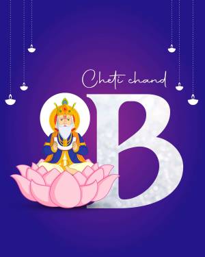 Illustration of Jhulelal, the patron saint of the Sindhi community, with the letter 'B' and decorative elements.