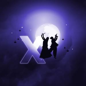 Silhouette of dancers performing Garba in front of a full moon and a large letter 'X'