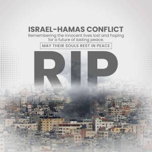 Image with 'RIP' text over a cityscape and smoke, commemorating victims of the Israel-Hamas conflict.