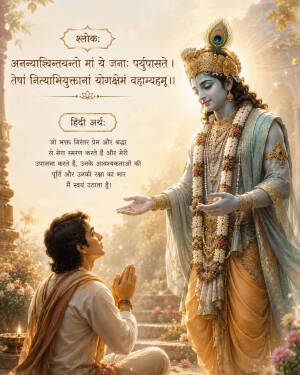 Lord Krishna bestowing blessings on Arjuna with Sanskrit shloka and Hindi meaning