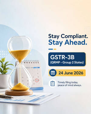 An hourglass with yellow sand sitting next to a calendar on a desk, promoting GSTR-3B compliance for QRMP group 2 states due on 24 June 2026.