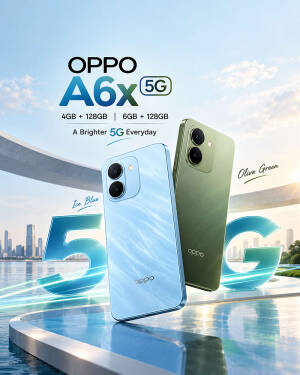Oppo A6x 5G smartphone in Ice Blue and Olive Green colors against a city waterfront background