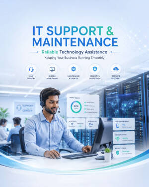 An IT support professional working in a data center with digital overlays showing system health and monitoring metrics.