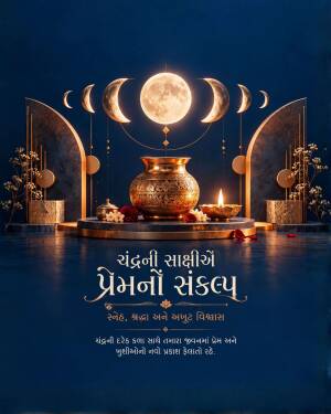 A golden kalash and lit diya placed under a series of moon phases against a deep blue background with Gujarati text