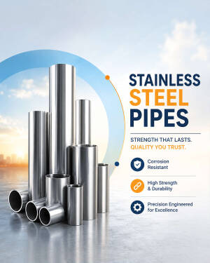 Various sizes of industrial stainless steel pipes standing on a reflective surface against a professional background