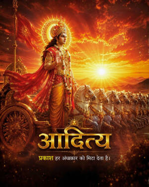 Lord Surya riding a chariot with seven horses at sunset