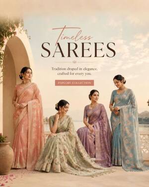 Four women modeling elegant traditional Indian sarees in soft pastel colors in an outdoor setting