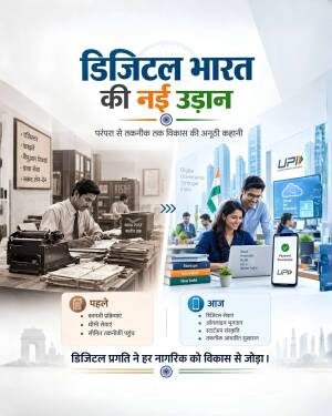 Visual representation of Digital India evolution showing transition from traditional paperwork to modern digital payments via UPI