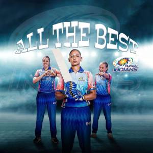 Mumbai Indians Women's Cricket Team posing with a cricket bat