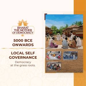 Image depicting a historical scene of local self-governance in India, with text highlighting '5000 BCE Onwards' and 'Democracy at the grass roots'.