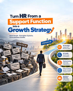 A businessman walking on a pathway towards a city skyline representing the shift from reactive HR to strategic growth.
