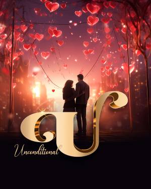 Couple embracing under falling hearts with a large letter 'U'