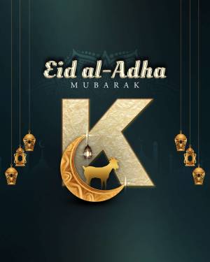 Eid al-Adha Mubarak with Crescent Moon and Goat Illustration