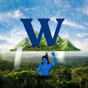 Digital art depicting Lord Krishna with a large letter W in front of a landscape with mountains and waterfalls.