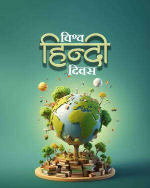 Illustration of a globe surrounded by trees and books with Hindi text 'Hindi Diwas'