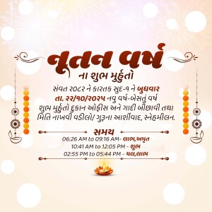 Gujarati New Year greeting card with auspicious timings