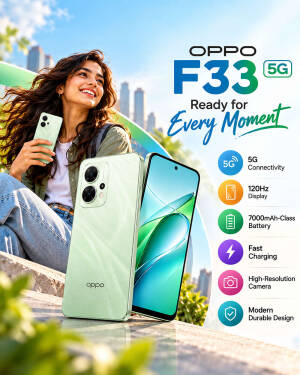 A smiling woman holding a light green Oppo F33 5G smartphone outdoors with a list of key features shown on the right