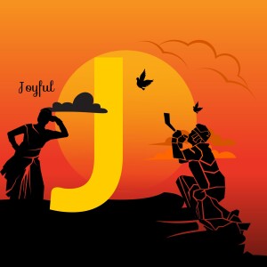 Silhouette illustration of people enjoying a sunset with a large letter J