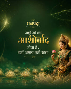 Goddess Lakshmi sitting on a lotus with an inspirational Hindi quote on a green background