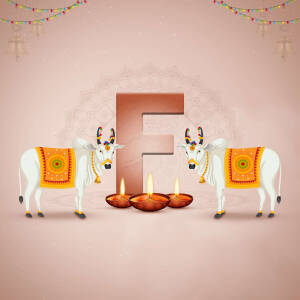 Illustration of cows and the letter 'F' with lit diyas for Makar Sankranti