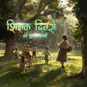 Illustration of a teacher with students in a forest setting with text 'Shikshak Divas' in Hindi.