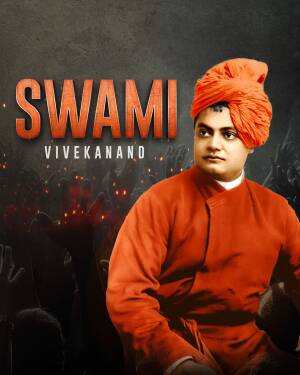 Portrait of Swami Vivekananda with a crowd in the background