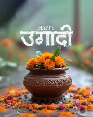 Ugadi festival decoration with marigold flowers in a pot