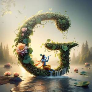 An artistic depiction of the letter 'G' formed by vines and foliage, with Lord Krishna playing a flute inside.