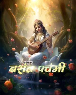 Goddess Saraswati playing a veena on a lotus flower with 'Happy Basant Panchami' text