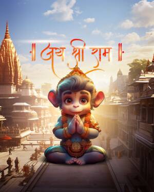 Hanuman in prayer with Ayodhya temple background