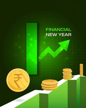 Illustration depicting financial growth with rising graph, coins, and the text 'Financial New Year'.