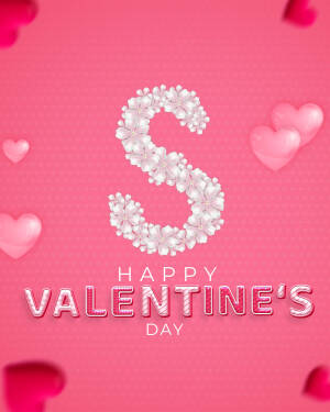 Letter 'S' made of flowers with hearts and Valentine's Day greeting