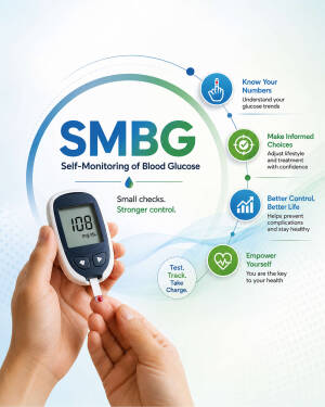 A person using a blood glucose meter for self-monitoring of blood glucose levels