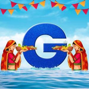 Illustration of Chhath Puja with a large letter G in the center