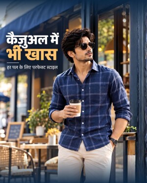 A stylish man wearing a blue checkered shirt and beige pants holding a coffee cup at a cafe