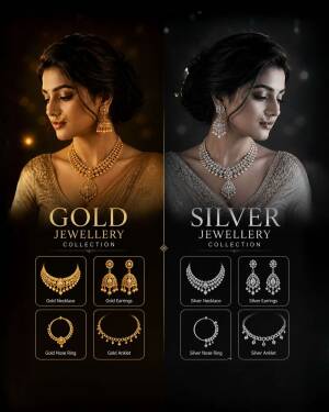 Side-by-side comparison of woman wearing traditional gold and silver jewellery sets with product thumbnails below