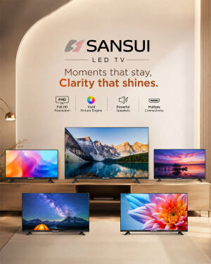 Sansui LED TV display with multiple screens showing vibrant nature and abstract images on a wooden media console.