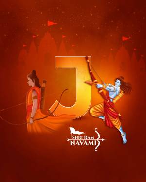Illustration of Lord Rama with bow and arrow in front of a temple, with the letter 'J' and 'Shri Ram Navami' text.