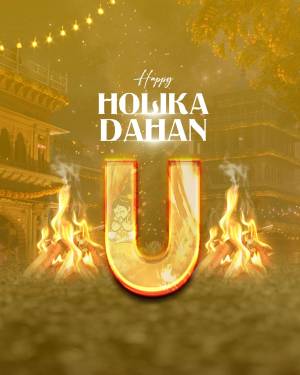 Holika Dahan celebration with a large 'U' letter and bonfire
