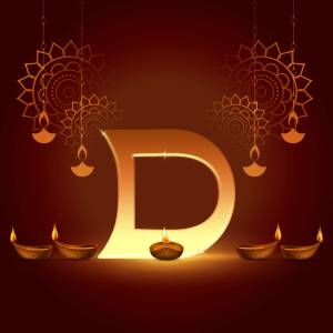Golden letter D with Diwali oil lamps and decorative elements