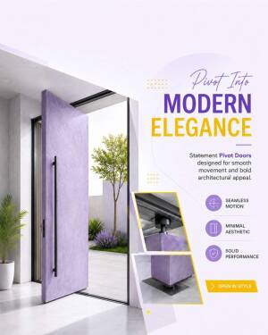 A lavender colored modern pivot door with architectural text overlay