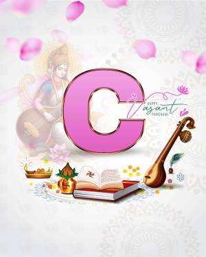 Saraswati Puja celebration with letter 'C' and traditional elements