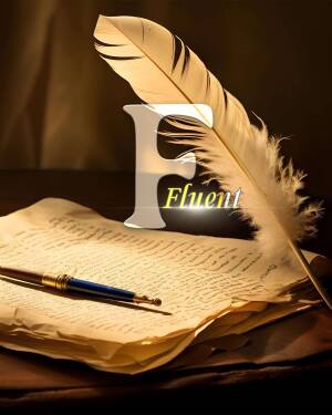 A silver letter 'F' resting on a feather and old parchment with a pen.