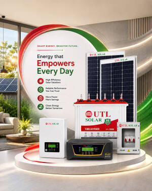 UTL Solar energy products including solar panels, battery, inverter, and charge controller on a circular platform.