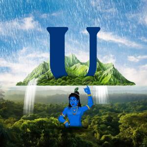 Digital art depicting Lord Krishna with the letter U in a landscape